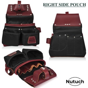 May include: Black and burgundy leather tool pouch with multiple pockets and compartments. The pouch has a reinforced design with the text "Nutuch" on the front. The image shows the pouch from multiple angles, highlighting its features.