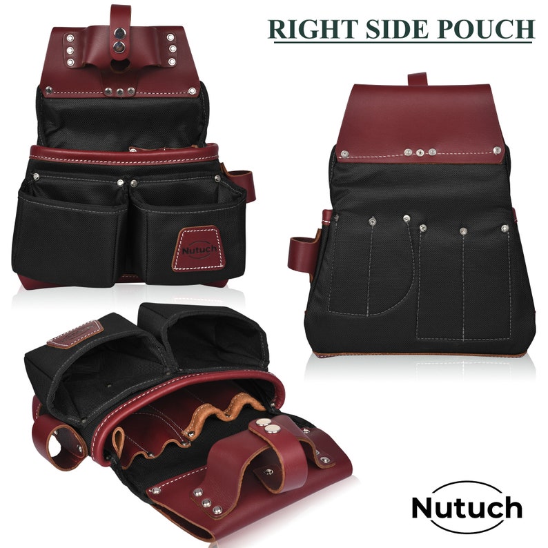 May include: Black and burgundy leather tool pouch with multiple pockets and compartments. The pouch has a reinforced design with the text "Nutuch" on the front. The image shows the pouch from multiple angles, highlighting its features.