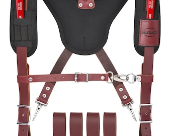 Tirantes de trabajo de cuero resistente NUTUCH con bolsillos / Tirantes de cuero acolchados y totalmente ajustables para hombres / Carpinteros / NT-1300-S