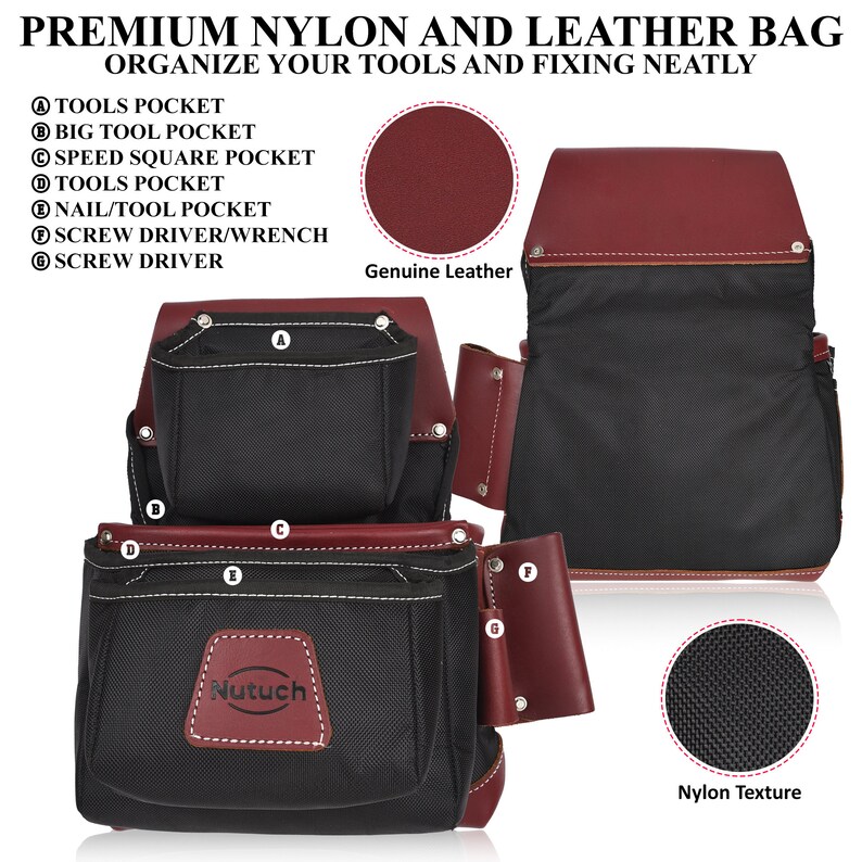 NUTUCH Black Nylon and Leather Tool Belt Framing Tool Bags Nylon Tool