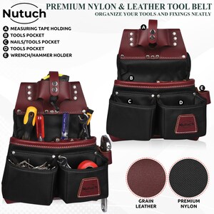May include: A premium nylon and leather tool belt with multiple pockets for tools and fixings. The belt features a measuring tape holder, tool pockets, and a wrench/hammer holder. The design includes grain leather and premium nylon materials. The brand name "Nutuch" is visible.
