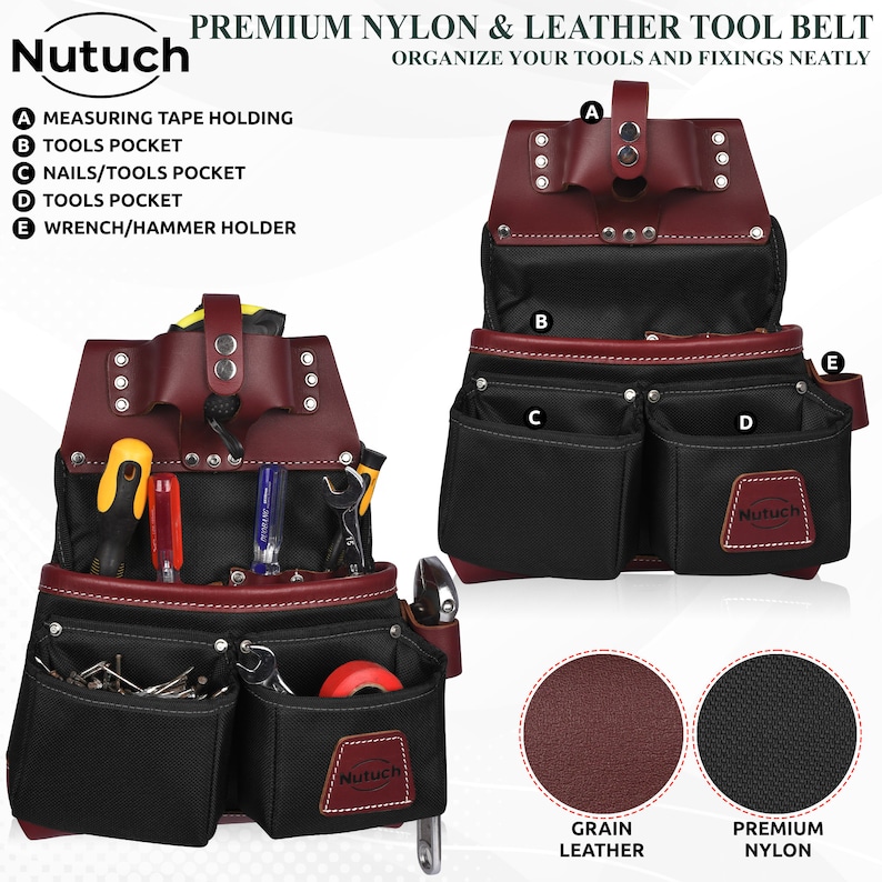 May include: A premium nylon and leather tool belt with multiple pockets for tools and fixings. The belt features a measuring tape holder, tool pockets, and a wrench/hammer holder. The design includes grain leather and premium nylon materials. The brand name "Nutuch" is visible.