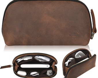 NUTUCH - Estuche de cuero para tecnología, para cables, cargadores, teléfono, bolsa para tecnología, bolsa de viaje con cremallera para accesorios, estuche organizador electrónico, bolsa de viaje para cables