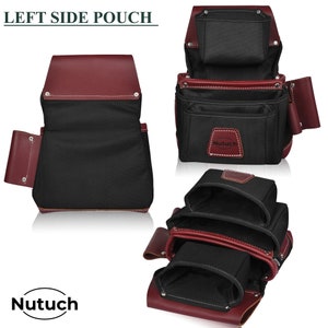 May include: A black and burgundy leather tool pouch with multiple compartments. The pouch has a flap closure and is designed for carrying tools. The brand name "Nutuch" is visible on the front of the pouch. The text "LEFT SIDE POUCH" is at the top.
