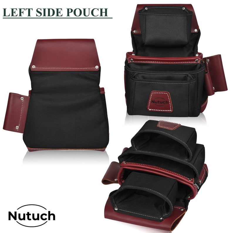 May include: A black and burgundy leather tool pouch with multiple compartments. The pouch has a flap closure and is designed for carrying tools. The brand name "Nutuch" is visible on the front of the pouch. The text "LEFT SIDE POUCH" is at the top.
