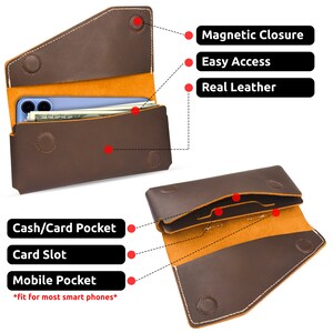 K&ouml;nnte beinhalten: Braunes Leder-Handy-Etui mit Klappenverschluss, einem Kartenfach und einem Geldbeutel. Das Etui hat einen Magnetverschluss und ist f&uuml;r die meisten Smartphones geeignet.