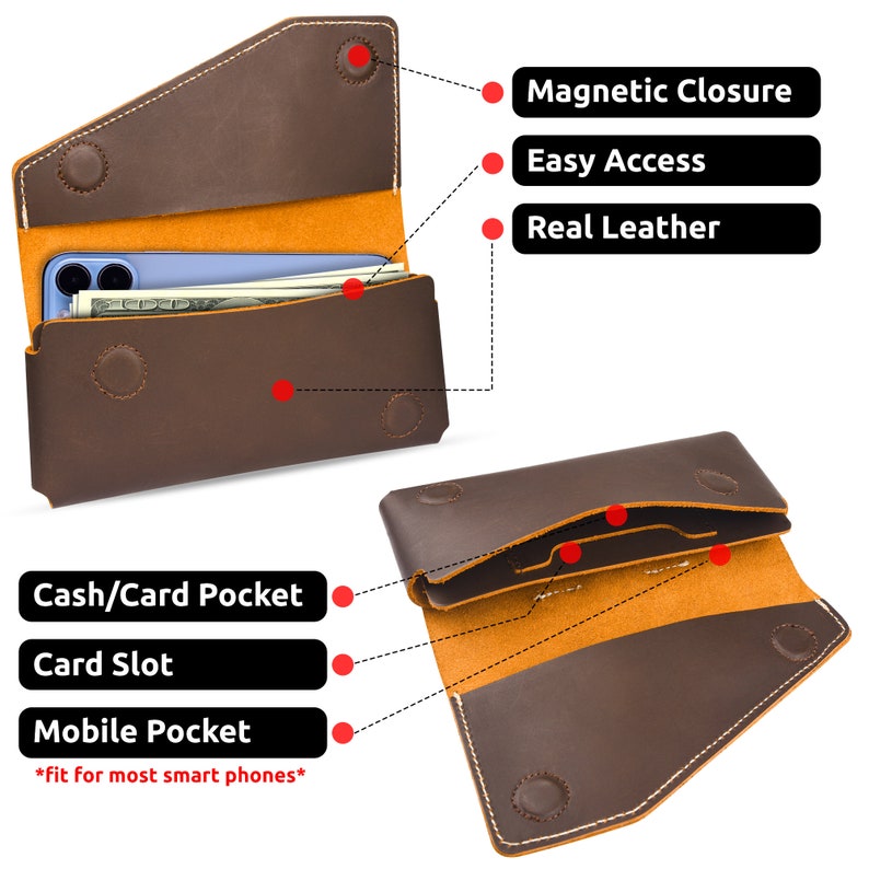 K&ouml;nnte beinhalten: Braunes Leder-Handy-Etui mit Klappenverschluss, einem Kartenfach und einem Geldbeutel. Das Etui hat einen Magnetverschluss und ist f&uuml;r die meisten Smartphones geeignet.