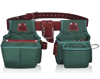 Cinturón portaherramientas NUTUCH verde de nailon y cuero de alta resistencia / Bolsa portaherramientas de nailon / Cinturón portaherramientas para carpinteros / Cinturones portaherramientas para electricistas / NT-1210-R