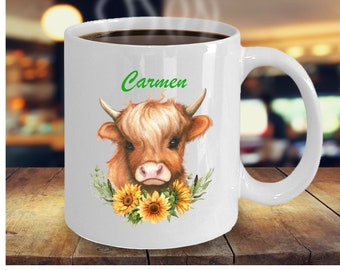 Cute Highland Cow Mug Personalized, Cow Lover Birthday Gifts for Women, Highland Cow Mug, Highland Cow Kitchen Décor Gifts, Teachers Gifts