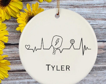 Personalized Heartbeat EKG Pickle Ball Ornament, Customized Heartbeat Ornament, Pickleball Lover Ornament, Personalized Pickle Ball Ornament