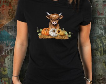 Highland Cow Pumpkin Shirt, Highland Cow Shirt Print Shirt, Highland Cow Hawaiian Shirt, Scottish Highland Cow V-Neck For Woman Thanksgiving