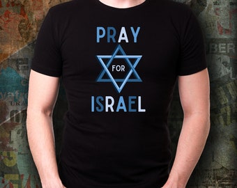 May include: Black t-shirt with a blue Star of David and the text "Pray for Israel".