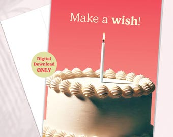Carte d'anniversaire imprimable, faire un vœu, carte de gâteau d'anniversaire, téléchargement numérique, voeux d'anniversaire, téléchargement immédiat, intérieur vierge, impression à la maison