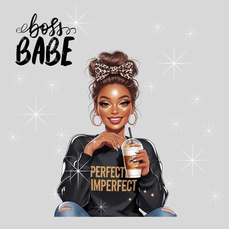 Op de afbeelding: Illustratie van een vrouw met bruin haar in een knot, gekleed in een zwarte trui met "PERFECT IMPERFECT" in gouden letters. Ze houdt een koffiedrankje vast en heeft een luipaardprint strik. De afbeelding bevat de tekst "boss babe" in cursief.