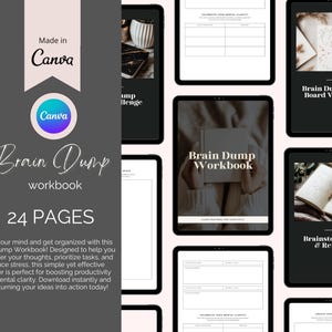 Könnte beinhalten: Ein digitales Arbeitsbuch mit dem Titel "Brain Dump Workbook" mit schwarzem Hintergrund und weißem Text. Das Arbeitsbuch soll helfen, Gedanken zu entrümpeln, Aufgaben zu priorisieren und Stress abzubauen. Es umfasst 24 Seiten und wurde mit Canva erstellt.