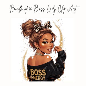 Op de afbeelding: Digitale illustratie van een vrouw met bruin haar in een knot, gekleed in een zwarte off-the-shoulder top met gouden "BOSS ENERGY" tekst. Ze heeft gouden glitter make-up en een luipaardprint strik. De afbeelding is getiteld "Bundle of 16 Boss Lady Clip Art."