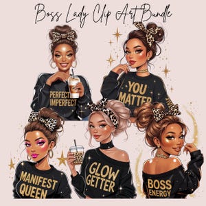 Op de afbeelding: Digitale clip art-bundel met illustraties van stijlvolle vrouwen met luipaardprint haarbanden en zwarte sweatshirts. De sweatshirts hebben gouden tekst met de tekst "Perfect Imperfect", "You Matter", "Manifest Queen", "Glow Getter" en "Boss Energy".