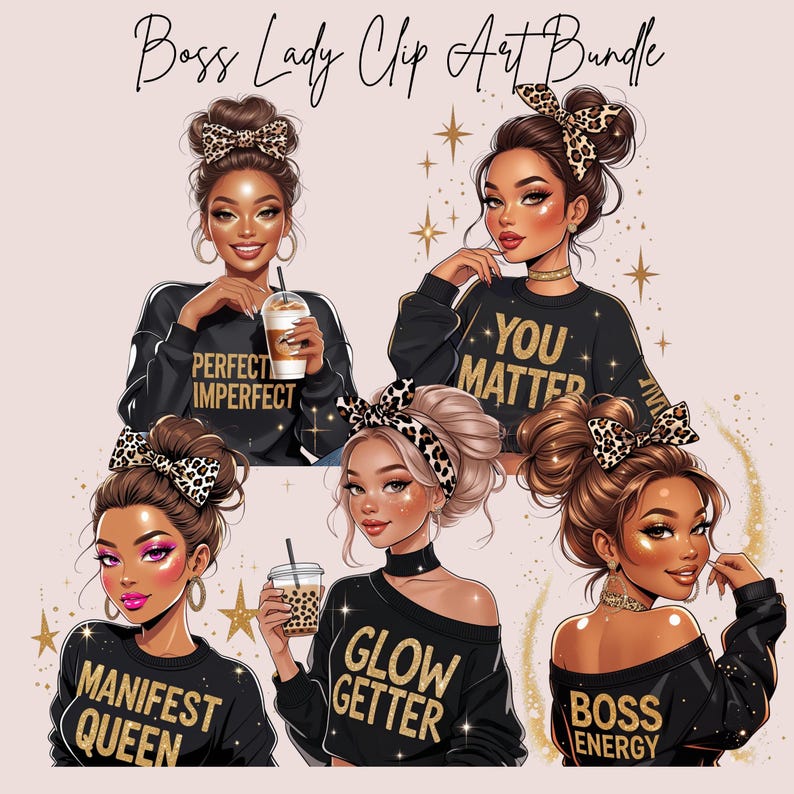 Op de afbeelding: Digitale clip art-bundel met illustraties van stijlvolle vrouwen met luipaardprint haarbanden en zwarte sweatshirts. De sweatshirts hebben gouden tekst met de tekst "Perfect Imperfect", "You Matter", "Manifest Queen", "Glow Getter" en "Boss Energy".