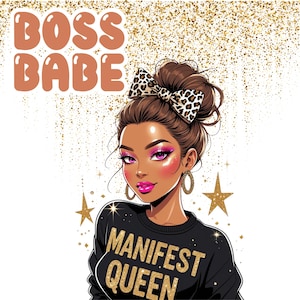 Op de afbeelding: Illustratie van een vrouw met bruin haar in een knot, gekleed in een zwarte trui met de tekst "MANIFEST QUEEN" in gouden letters. Ze heeft roze oogschaduw, roze lippenstift en gouden oorringen. De afbeelding bevat de tekst "BOSS BABE" en gouden sterren.