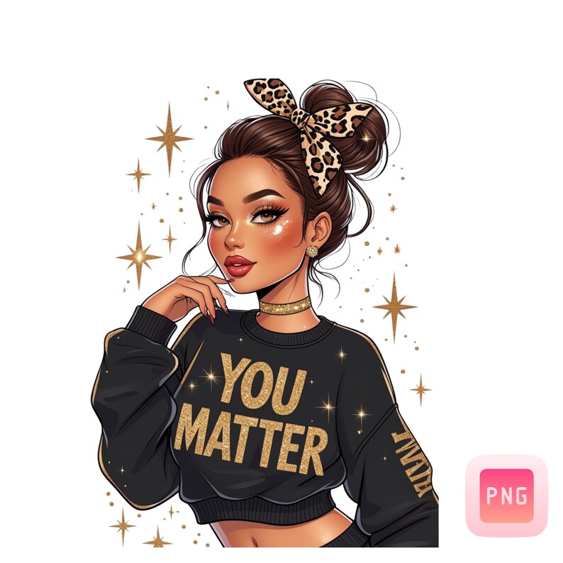 Op de afbeelding: Illustratie van een vrouw met bruin haar in een knot, gekleed in een zwarte trui met gouden tekst "YOU MATTER". Ze heeft een luipaardprint strik, gouden sieraden en gouden sterren.