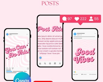 May include: Two pink and white retro Instagram post templates with a pink background. The first post has a pink and white striped background with the text "You Can Do This!" in pink. The second post has a pink and white wavy background with the text "Good Vibes" in pink. Both posts have a pink heart, a pink comment bubble, and a pink person icon in the top right corner.