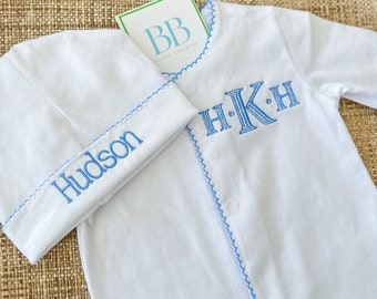 Newborn baby coming home outfit, matching personalized footie and hat