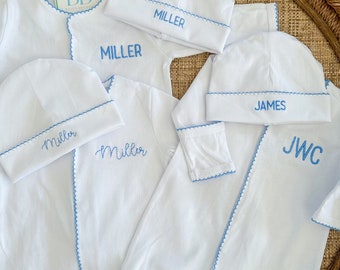 Personalized baby coming home outfit picot trim footie onesie and hat set