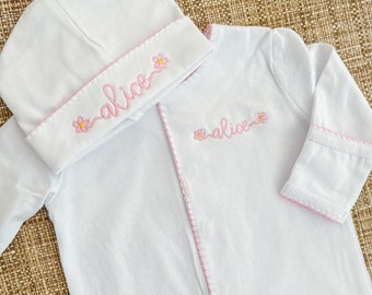 Baby girl personalized floral outfit, coming home monogram outfit, personalized newborn footie onesie