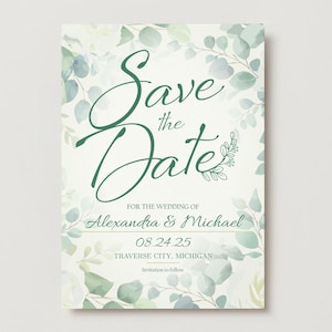 Eukalyptus Hochzeit Save the Date, Sage Grün Save the Date Karte, Natürliches Grün, personalisierbare Karte, elegant Digitaler Download, Erdig