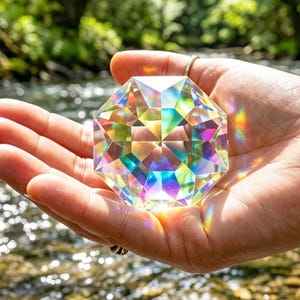 May include: A faceted, multi-colored crystal prism held in an open hand. The prism reflects a rainbow of colors, with a backdrop of a flowing stream and lush green foliage. The crystal is the focal point, showcasing its geometric design and light refraction.