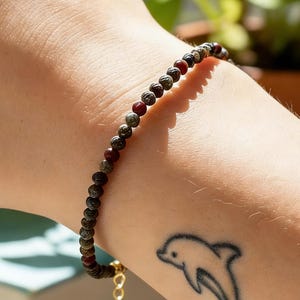 Natural Bloodstone Bracelet | 2mm Delicate Gemstone Skinny Jewelry | Adjustable Minimalist Gift for Her