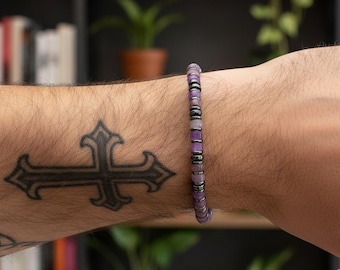 Men's Amethyst Hematite Beaded Bracelet, Natural Purple Crystal Jewelry, Adjustable 4mm Beads