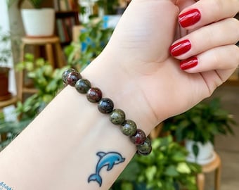 Dragon Blood Jasper Bracelet, Natural 8mm Stone Beads, Green & Red Jasper Stretch Jewelry for Her