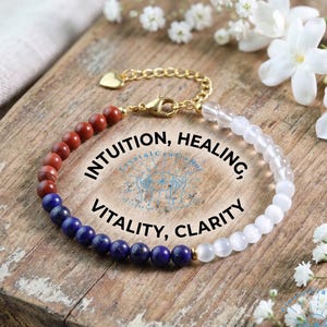 Memorial Day Lapis Lazuli Selenite Ruby Bracelet, Red Blue White Crystal Jewelry, 4mm Dainty Bead, Military Appreciation July 4th Gift