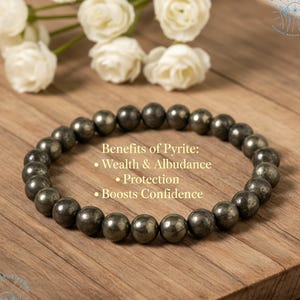 Naturligt pyritarmband, 8 mm ädelstenspärlor, minimalistiskt stretchigt yogaarmband, skyddande sten bild 2