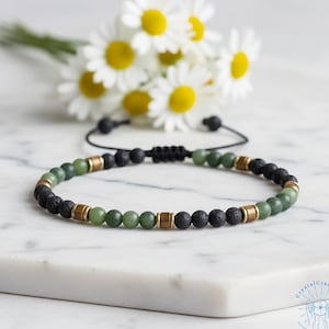 Jade & Lava Dainty Bracelet for Essential Oils | 4mm Tiger Eye Tube Beads | Adjustable Diffuser Jewelry | Aromatherapy Gift