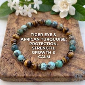 May include: A beaded bracelet featuring alternating round tiger eye and African turquoise stones separated by small metallic spacers. The text TIGER EYE & AFRICAN TURQUOISE: PROTECTION, STRENGTH, GROWTH & CALM is centered over the bracelet.
