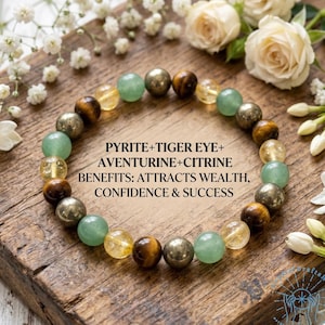 May include: A beaded bracelet featuring pyrite, tiger eye, aventurine, and citrine stones. The bracelet has a mix of gold, green, and brown beads. Text on the image reads: "PYRITE+TIGER EYE+ AVENTURINE+CITRINE BENEFITS: ATTRACTS WEALTH, CONFIDENCE & SUCCESS."