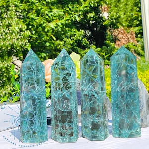 Unique Blue Crackle Quartz Tower Point, Mint Clear Quartz Crystal Obelisk Wand, Mineral Specimen Polished Gemstone Crystal, Yoga Gift
