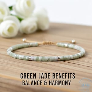Natural Green Jade Beaded Bracelet, 4mm Dainty Gemstone, Adjustable