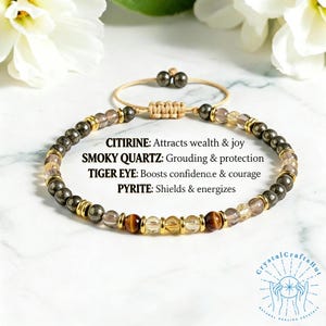 Citrin Tigerauge Rauchquarz Pyrit Armband, zierliche verstellbare Kristall Schmuck