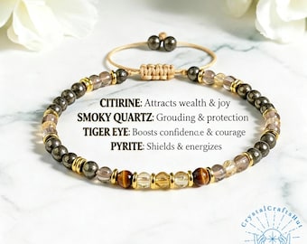 Pulsera de citrino, ojo de tigre, cuarzo ahumado y pirita, delicada joya ajustable de cristal apilable.