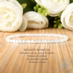 Dainty Selenite Bracelet, 4mm Minimalist Chakra Crystal Jewelry, White Crystal Stacking Bracelet, Natural Spiritual Gift for Her