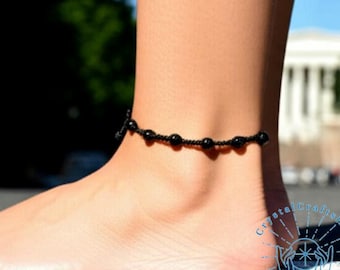 Black Obsidian Minimalist Anklet, 4mm Gemstone Beaded Ankle Bracelet, Protection Jewelry