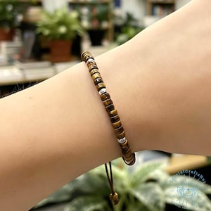 Tiger Eye Bracelet for Women, 4mm Natural Gemstone Tube Bead, Dainty Minimalist Jewelry, Adjustable Delicate Wristband, Gift for Her