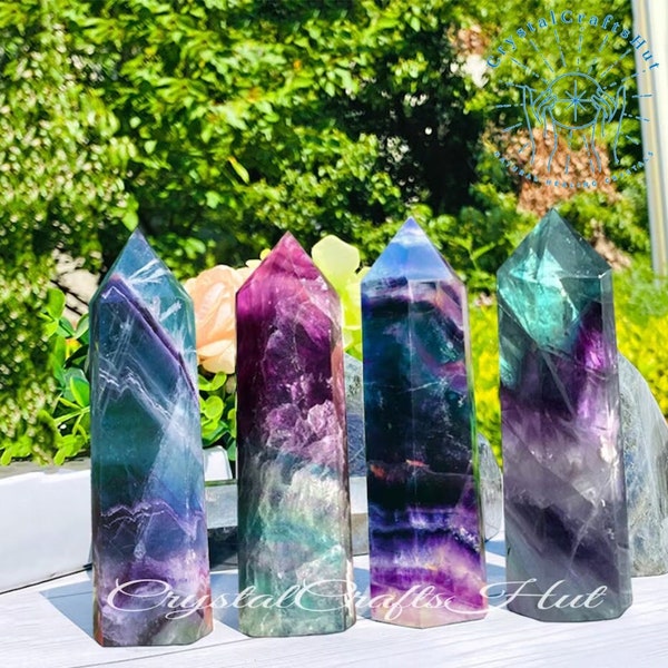 Rainbow Fluorite Crystal Tower Point - Raw Fluorite Gemstone Point Crystal Tower Wand Stone Obelisk - Home Car Decor Decoration +Gift Pouch