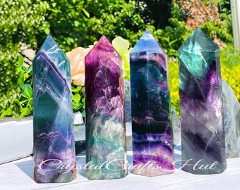 Rainbow Fluorite Crystal Tower Point - Raw Fluorite Gemstone Point Crystal Tower Wand Stone Obelisk - Home Car Decor Decoration +Gift Pouch