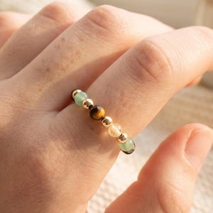 Abundance Ring with Pyrite, Tiger Eye, Aventurine, Citrine • Success & Wealth Crystal Gift for Her • 2mm Genuine Stone Stretch Ring
