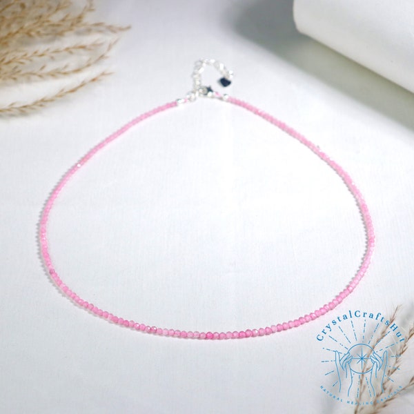 AA+ Rose Quartz Delicate Choker Natural 2MM Tiny Pink Crystal Beaded Dainty Necklace Pink Quartz Minimalist Choker Yoga Dainty Necklace Gift