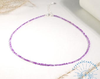 Amethyst Crystal Delicate Choker AAA+ Amethyst Minimalist Necklace 2MM Tiny Purple Crystal Beads Dainty Choker Dainty Crystal Necklace Gift